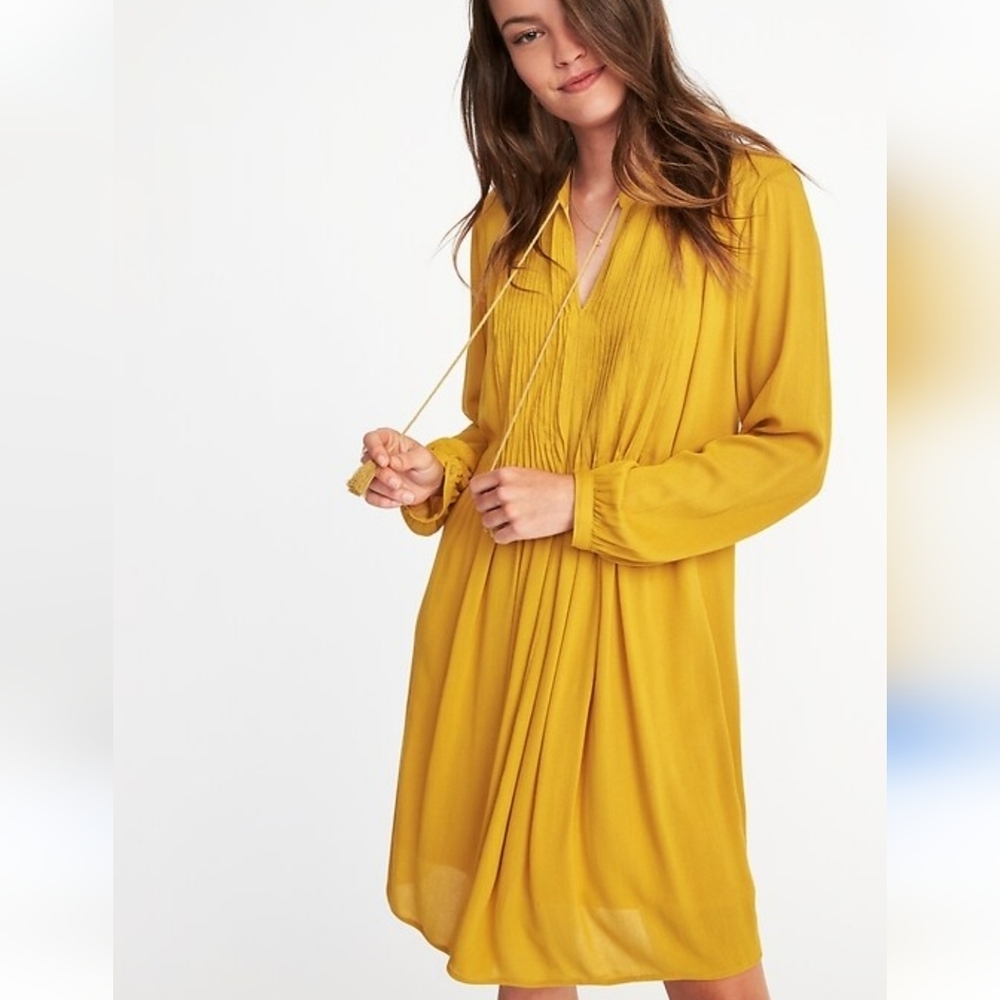 Old Navy‎ Yellow Pintucked Crepe Boho Swing Long Sleeve Knee Length Dress Sz S